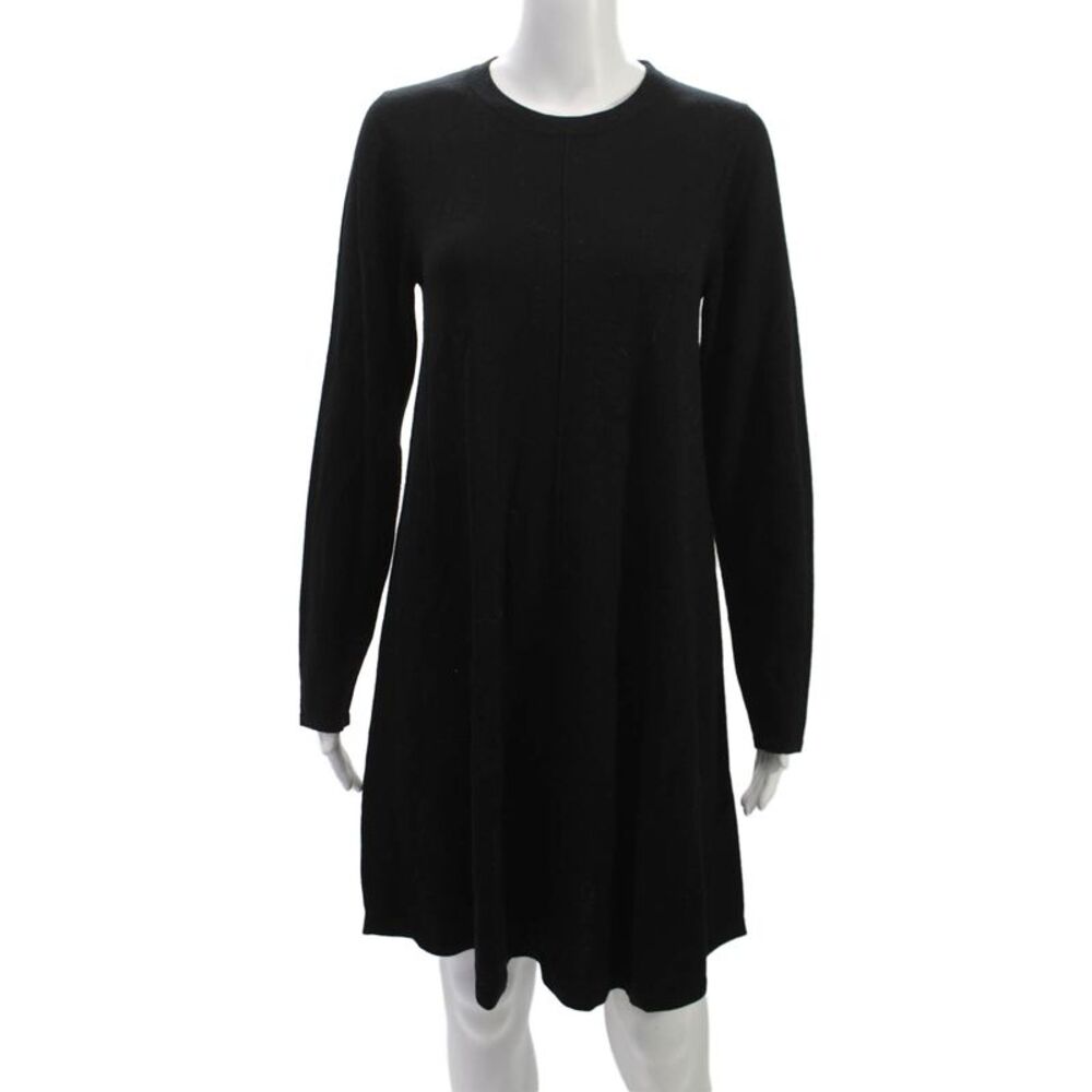 Repeat Women Sweater Dress Short Black 100% Wool Long Sleeve Crew Neck Size S